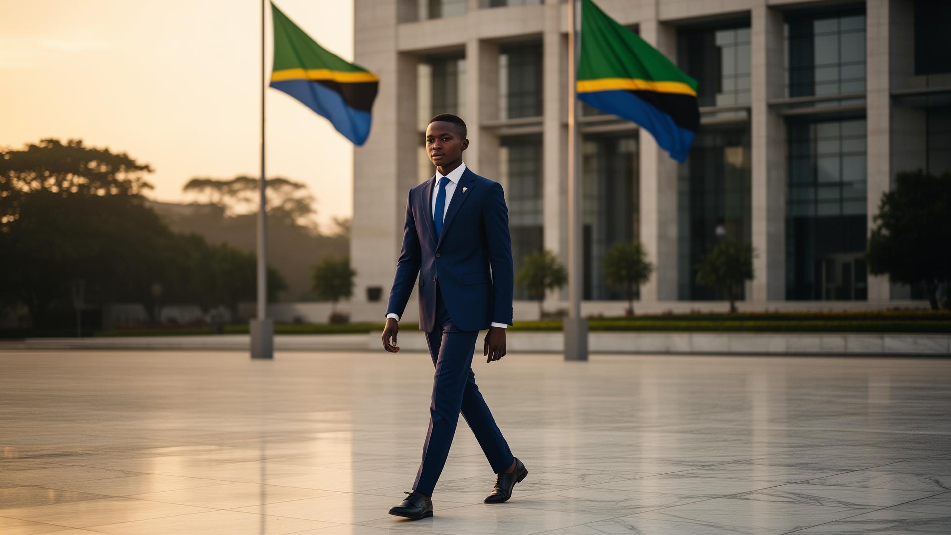 Tanzanian diplomat walking in front of a government building at golden hour