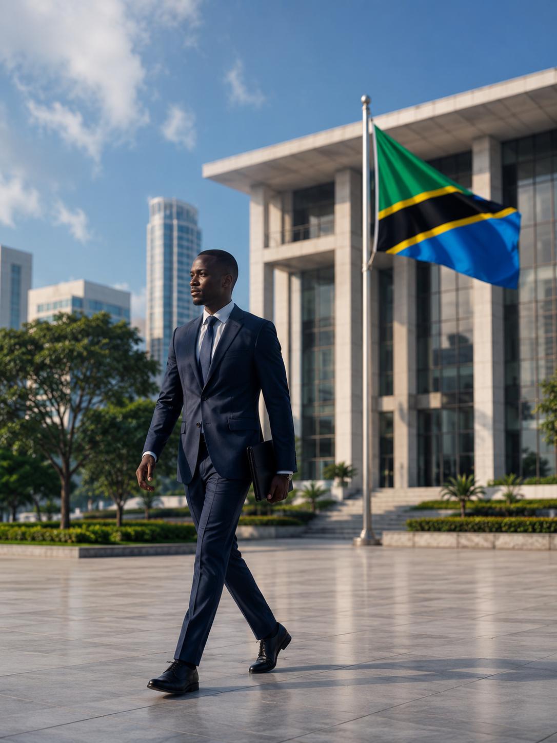 Tanzanian diplomat walking in front of a government building at golden hour